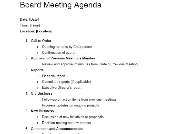 Board Meeting Agenda Complete Guide Template